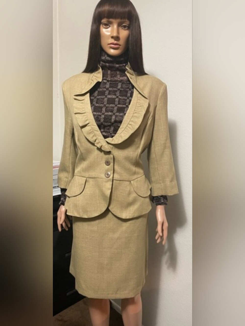 Womens Tan Ruffle Collar Blazer Jacket-Skirt SET Classic Tailored Fit